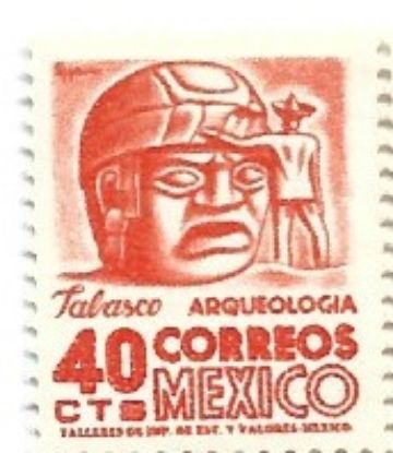 Imagen de ESTAMPILLA MEXICO SERIE ARQUEOLOGIA 40C CABEZA OLMECA FLUORESCENTE MARCA DE AGUA 300  VERT. NUEVA