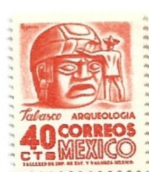 Imagen de ESTAMPILLA MEXICO SERIE ARQUEOLOGIA 40C CABEZA OLMECA FLUORESCENTE MARCA DE AGUA 300  VERT. NUEVA