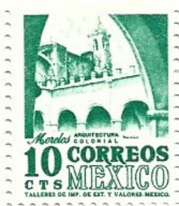 Imagen de ESTAMPILLA SERIE ARQUITECTURA 10C CONVENTO TEPOZTLAN MORELOS FLUORESCENTE MARCA DE AGUA 300 VERT NUEVA
