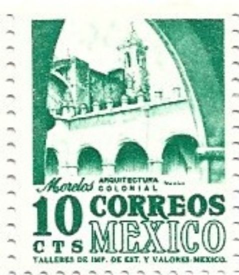 Imagen de ESTAMPILLA SERIE ARQUITECTURA 10C CONVENTO TEPOZTLAN MORELOS FLUORESCENTE MARCA DE AGUA 300 VERT NUEVA