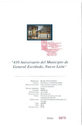 Imagen de HOJITA PRIMER DIA EMISION ESTAMPILLA 410 ANIVERSARIO MUNICIPIO DE ESCOBEDO NUEVO LEON 2014