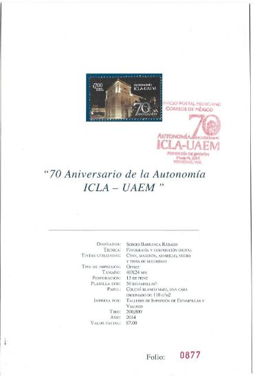 Imagen de HOJITA PRIME DIA EMISION ESTAMPILLA 70 AÑOS AUTONOMIA ICLA UAEM 